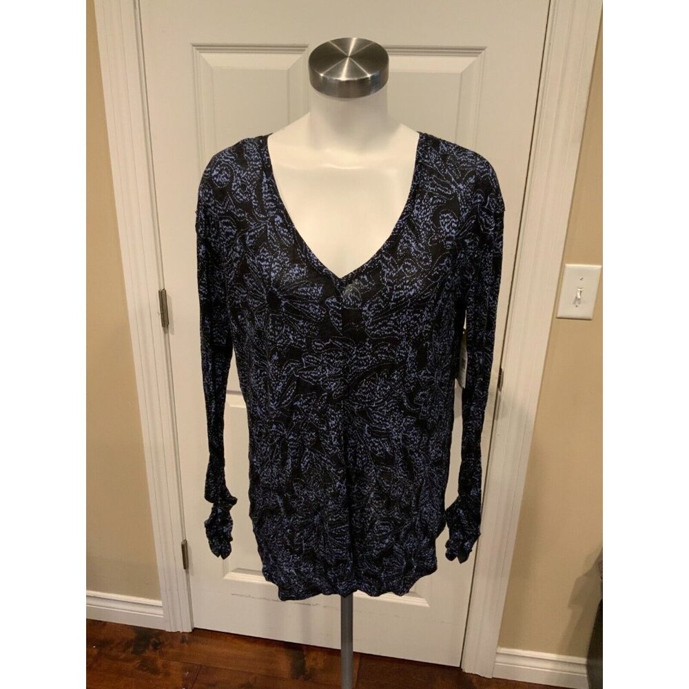 Free People Thin Blue & Black Floral Print V-Neck Long Sleeve Shirt, Size Small